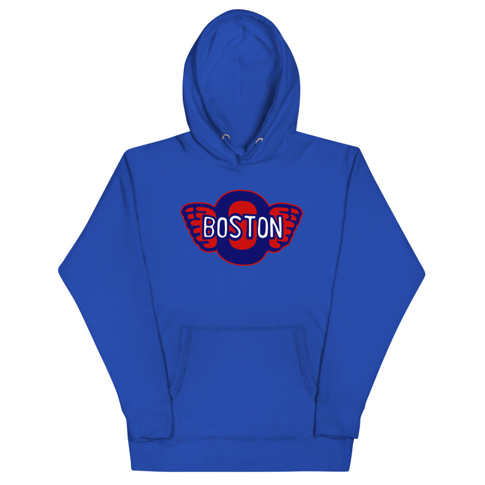 Boston Olympics Hoodie (Premium) with the winged red and blue wordmark crest on the front