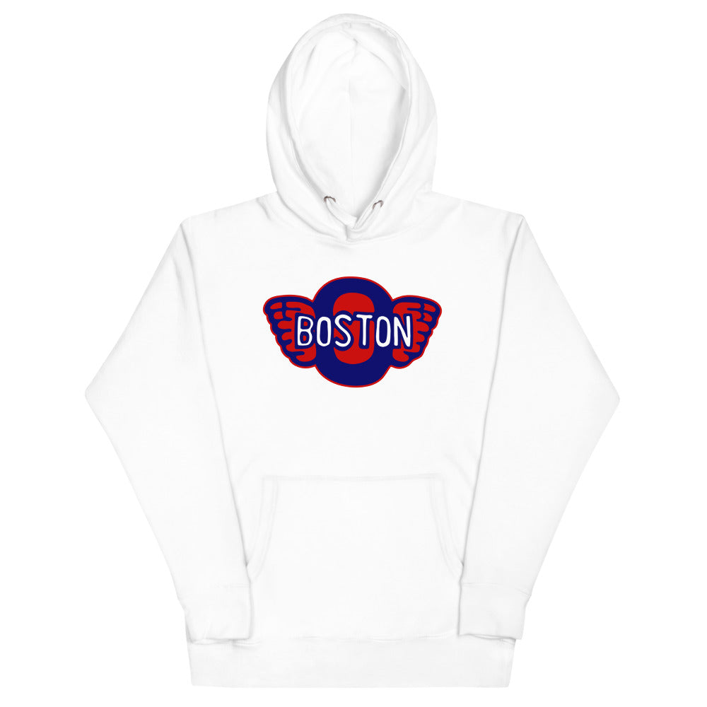 Boston Olympics Hoodie (Premium) with the winged red and blue wordmark crest on the front, view 6