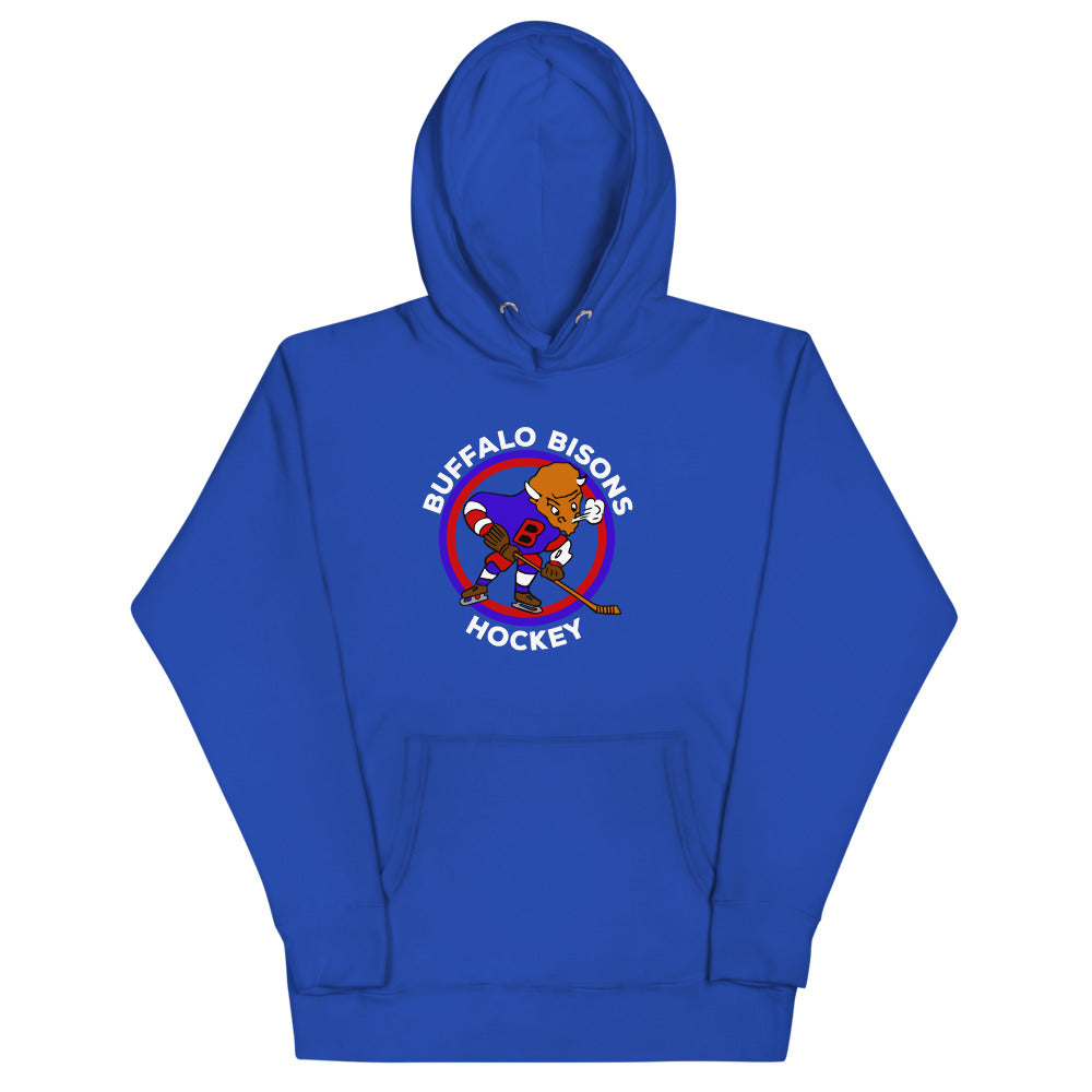 Buffalo Bisons Hoodie (Premium) with the round logo of a bison mascot skating on the front