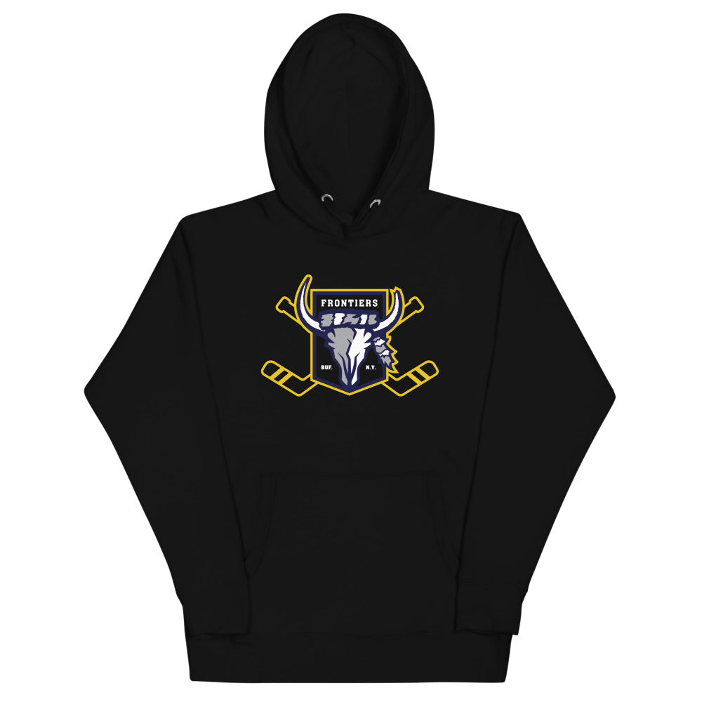 Buffalo Frontiers Hoodie (Premium) with the steer skull crest with crossed gold sticks on the front, view 2