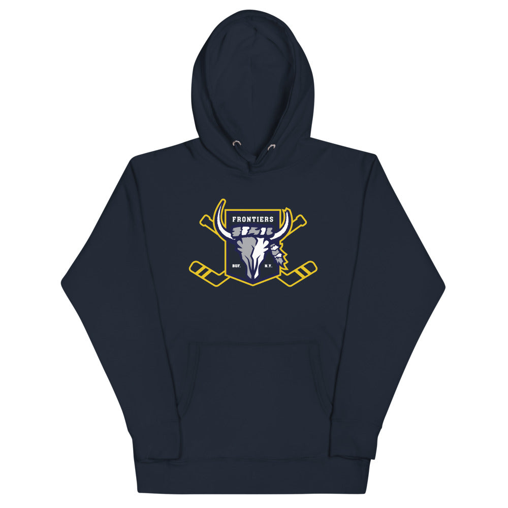 Buffalo Frontiers Hoodie (Premium) with the steer skull crest with crossed gold sticks on the front, view 3