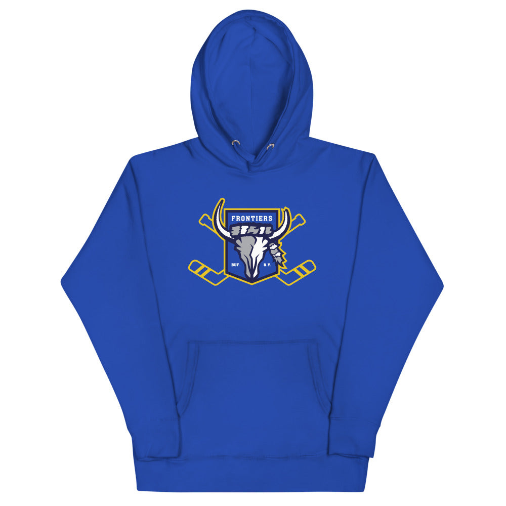 Buffalo Frontiers Hoodie (Premium) with the steer skull crest with crossed gold sticks on the front