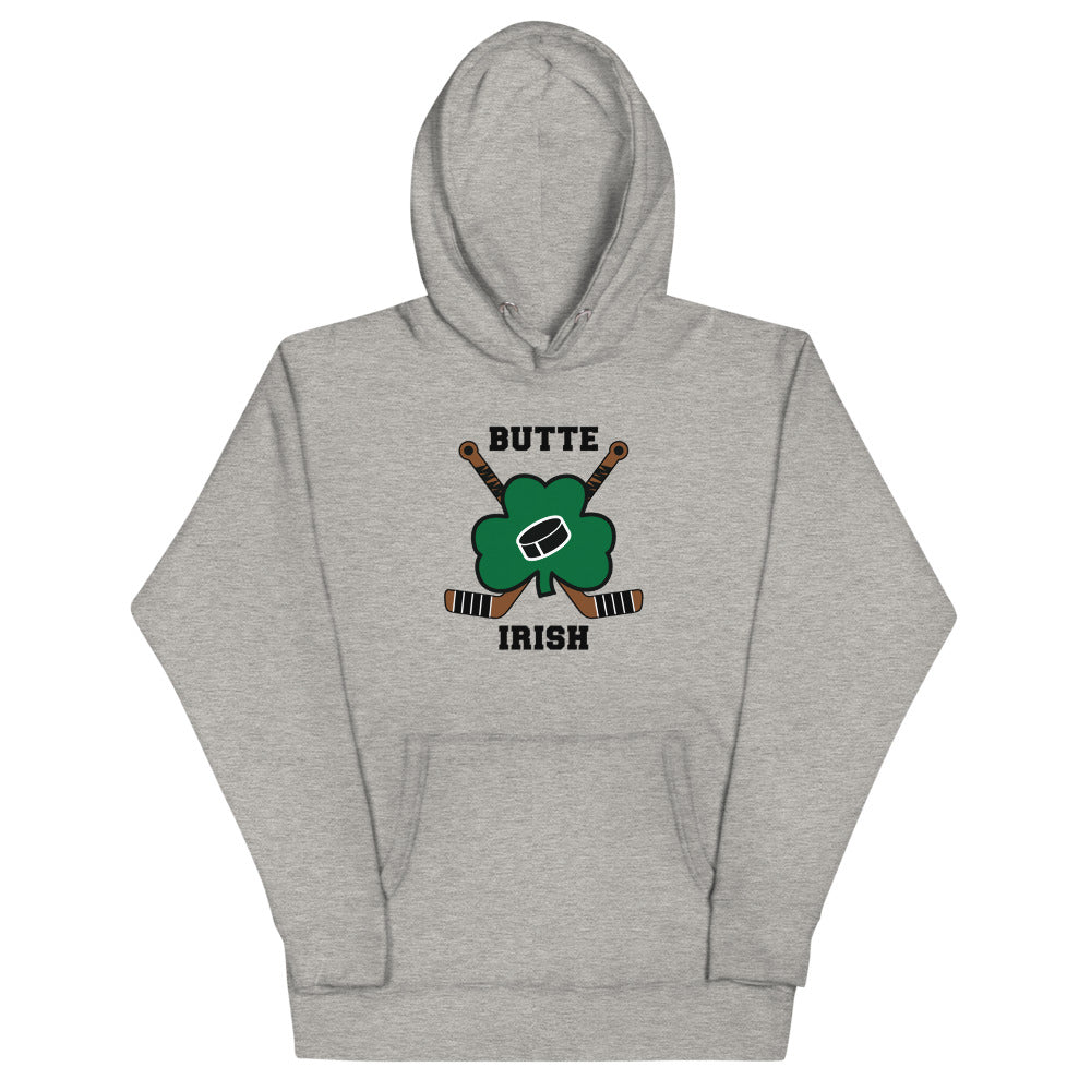 Butte Irish Hoodie (Premium) with the green shamrock with crossed hockey sticks on the front