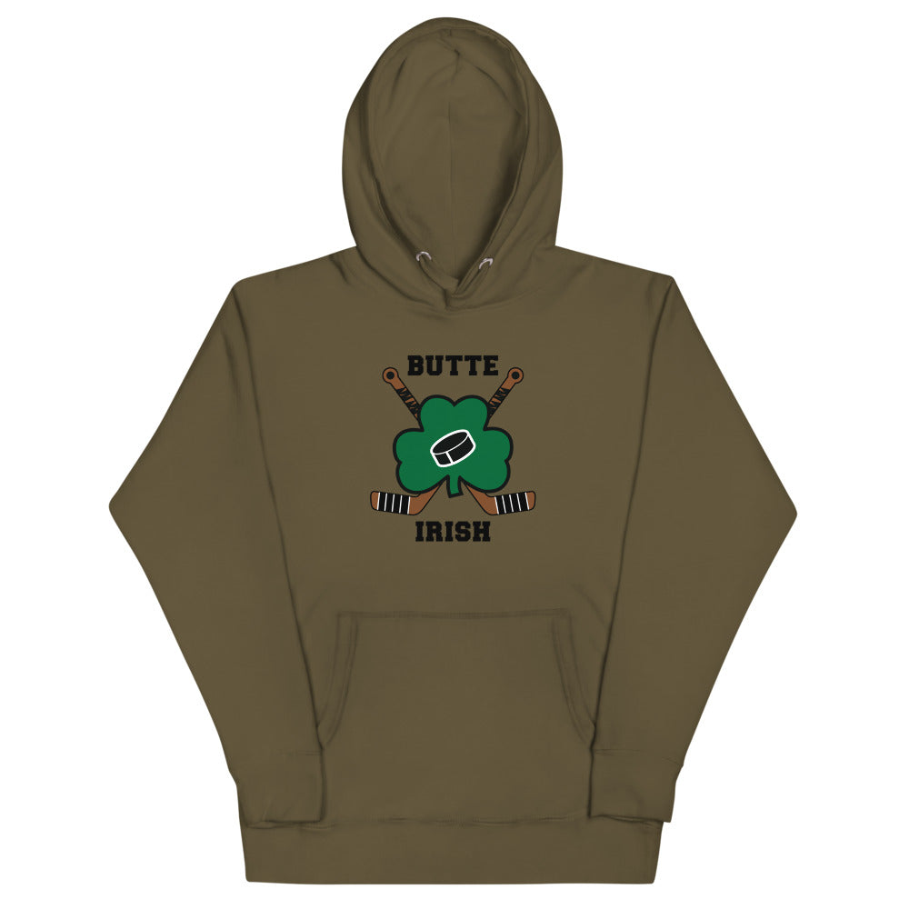 Butte Irish Hoodie (Premium) with the green shamrock with crossed hockey sticks on the front, view 2
