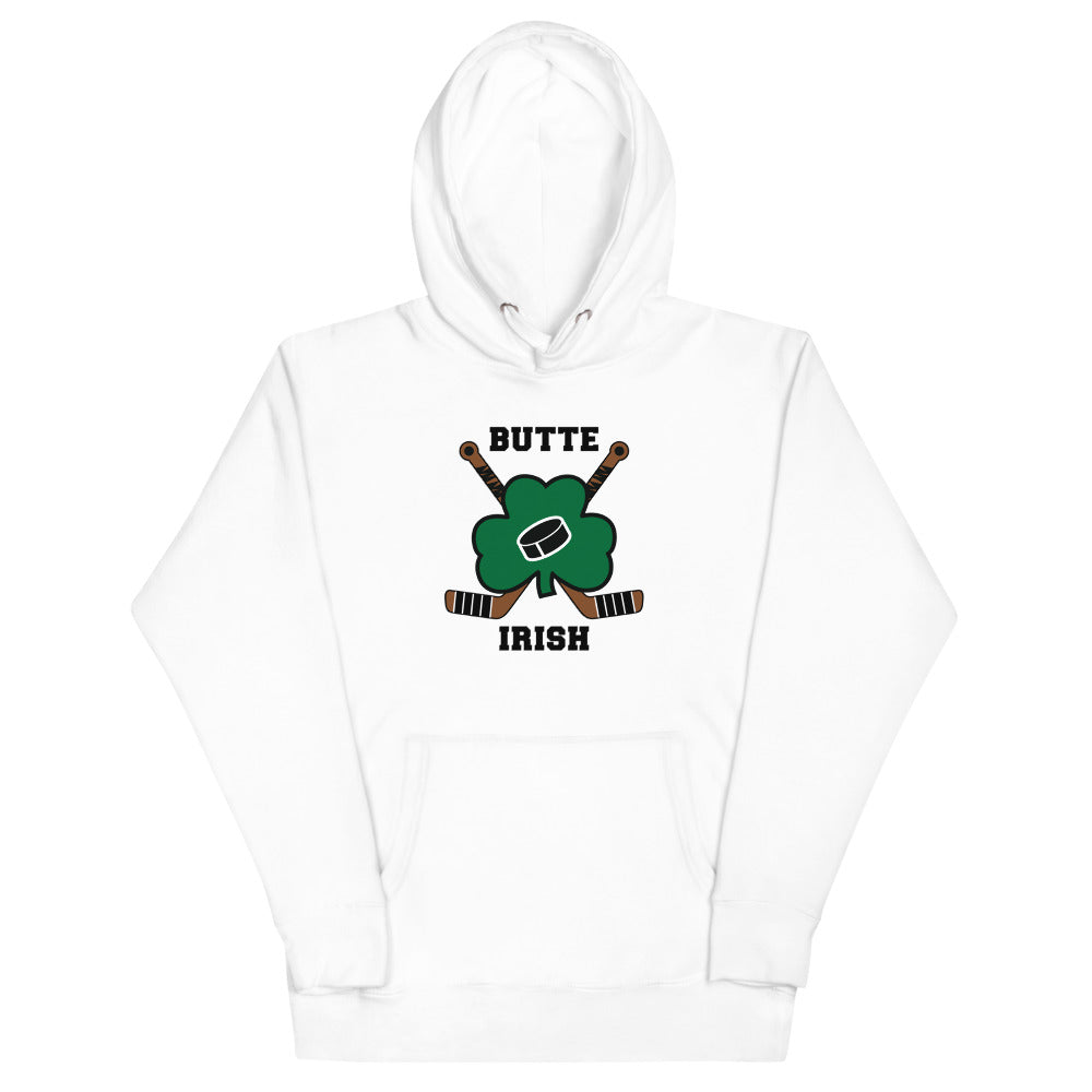Butte Irish Hoodie (Premium) with the green shamrock with crossed hockey sticks on the front, view 3