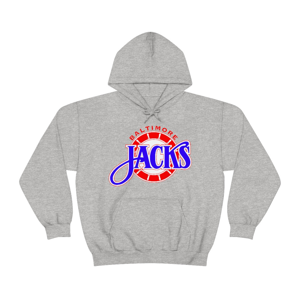 CLEARANCE Baltimore Skipjacks Red & Blue Hoodie in sport grey with the blue Jacks script over a red ship's wheel on the front