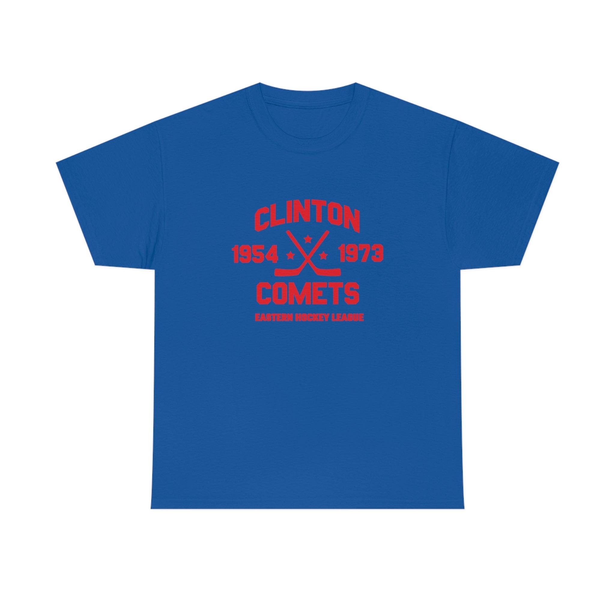 CLEARANCE Clinton Comets T-Shirt in royal with the red varsity lettering with crossed sticks on the front