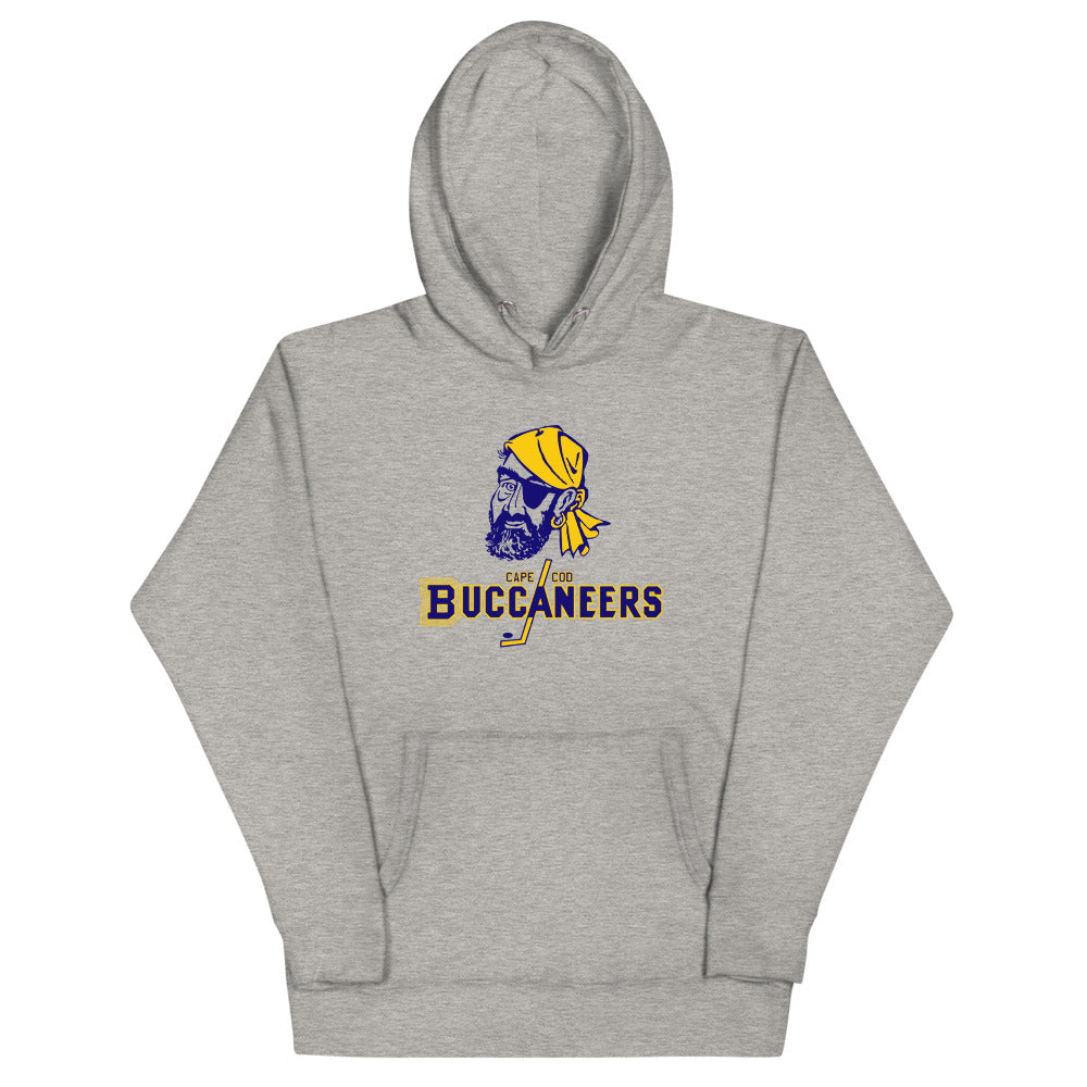 Cape Cod Buccaneers Hoodie (Premium) with the pirate head over gold and purple lettering on the front