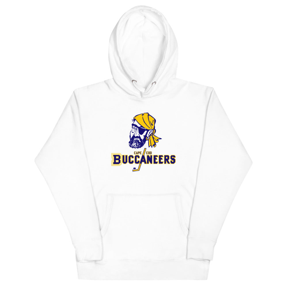 Cape Cod Buccaneers Hoodie (Premium) with the pirate head over gold and purple lettering on the front, view 2