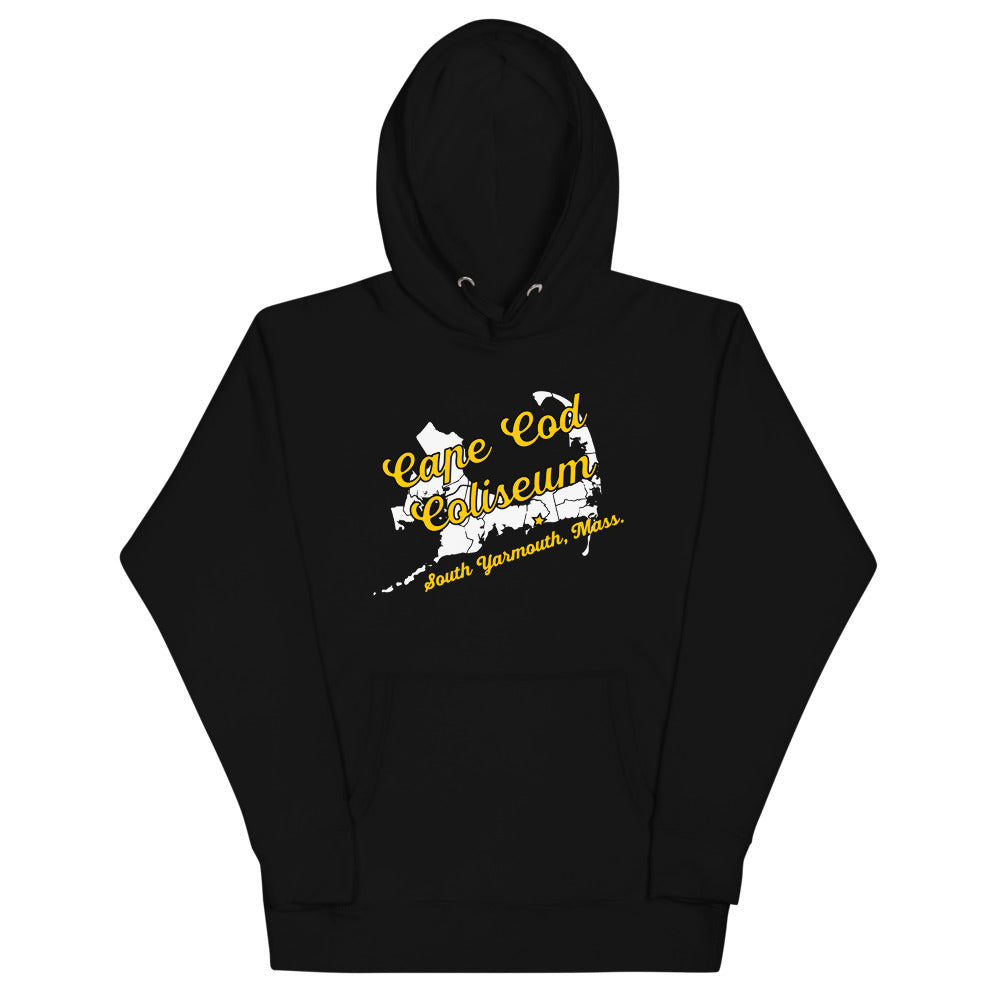 Cape Cod Coliseum Hoodie (Premium) with the yellow script over a white map outline on the front