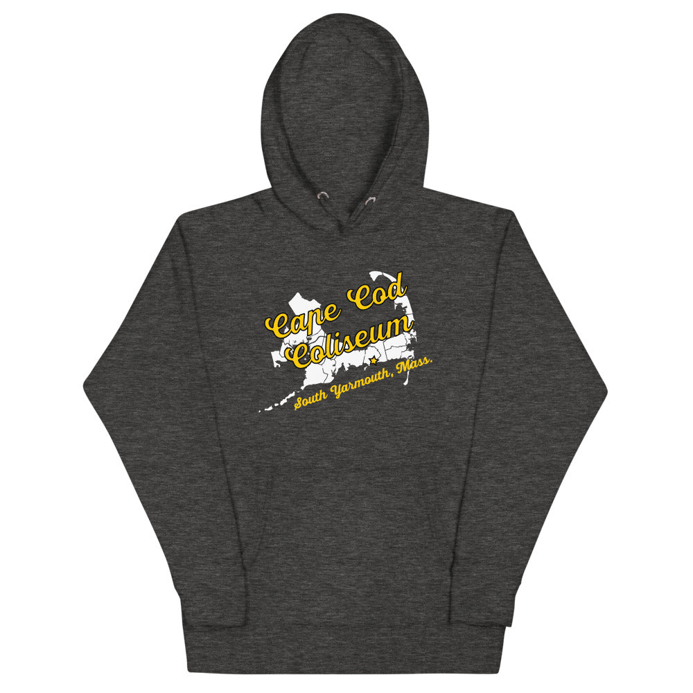 Cape Cod Coliseum Hoodie (Premium) with the yellow script over a white map outline on the front, view 2