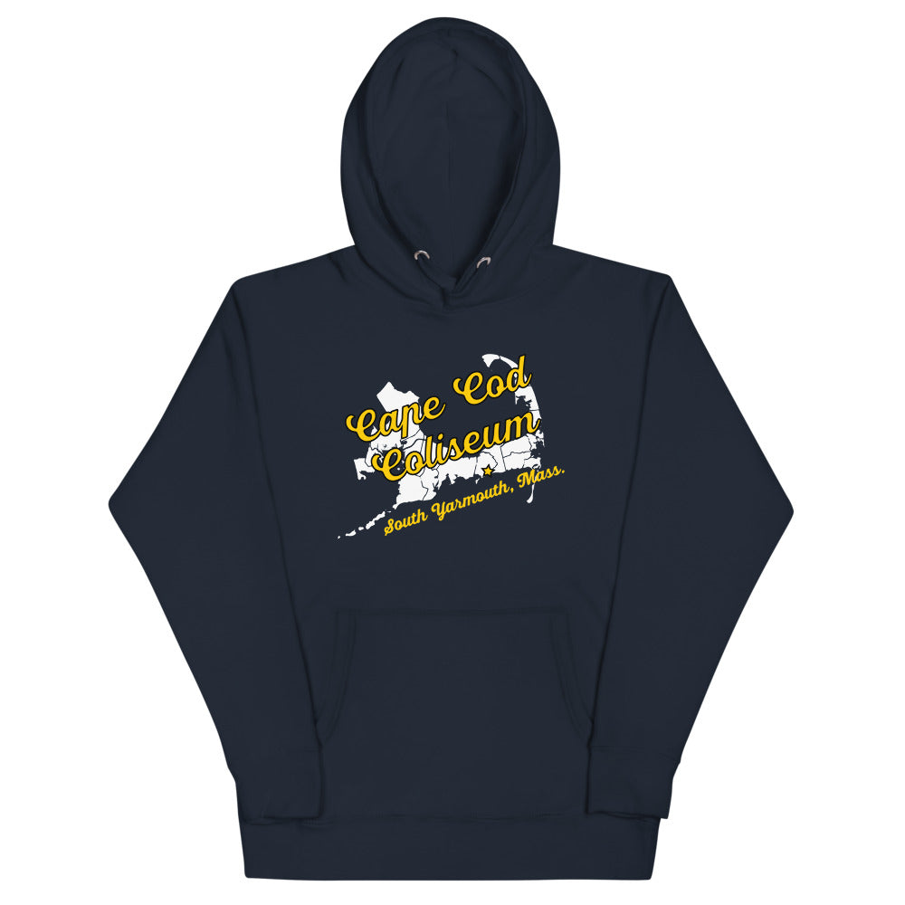 Cape Cod Coliseum Hoodie (Premium) with the yellow script over a white map outline on the front, view 3