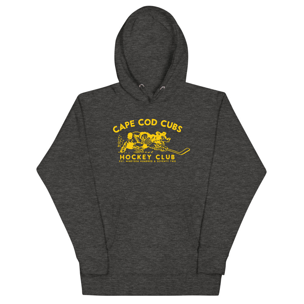 Cape Cod Cubs Hoodie (Premium) with the gold bear cub skating with arched lettering on the front, view 2