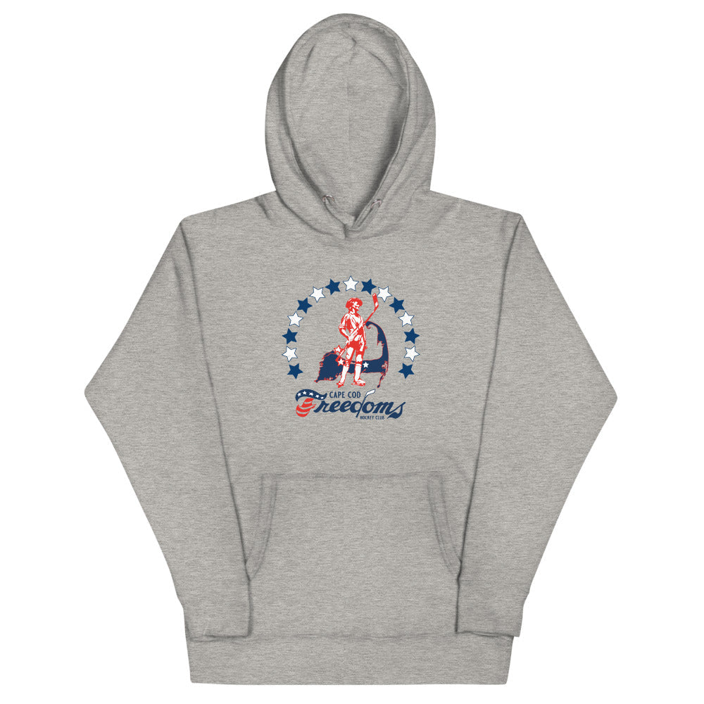 Cape Cod Freedoms Premium Hoodie with the patriot skater in a ring of stars on the front