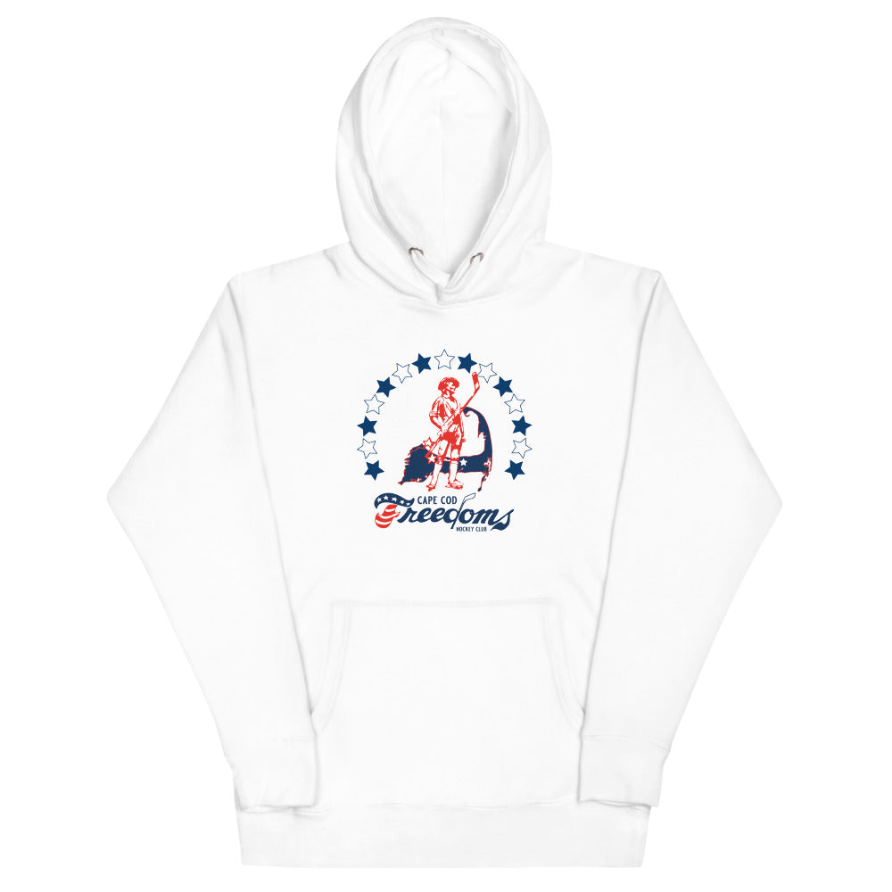 Cape Cod Freedoms Premium Hoodie with the patriot skater in a ring of stars on the front, view 2