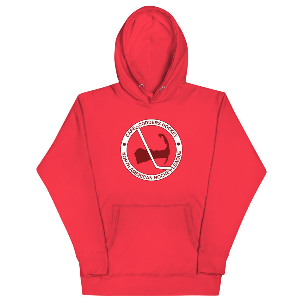 Cape Codders Hoodie (Premium) with the red ring logo with a map and hockey stick on the front, view 2