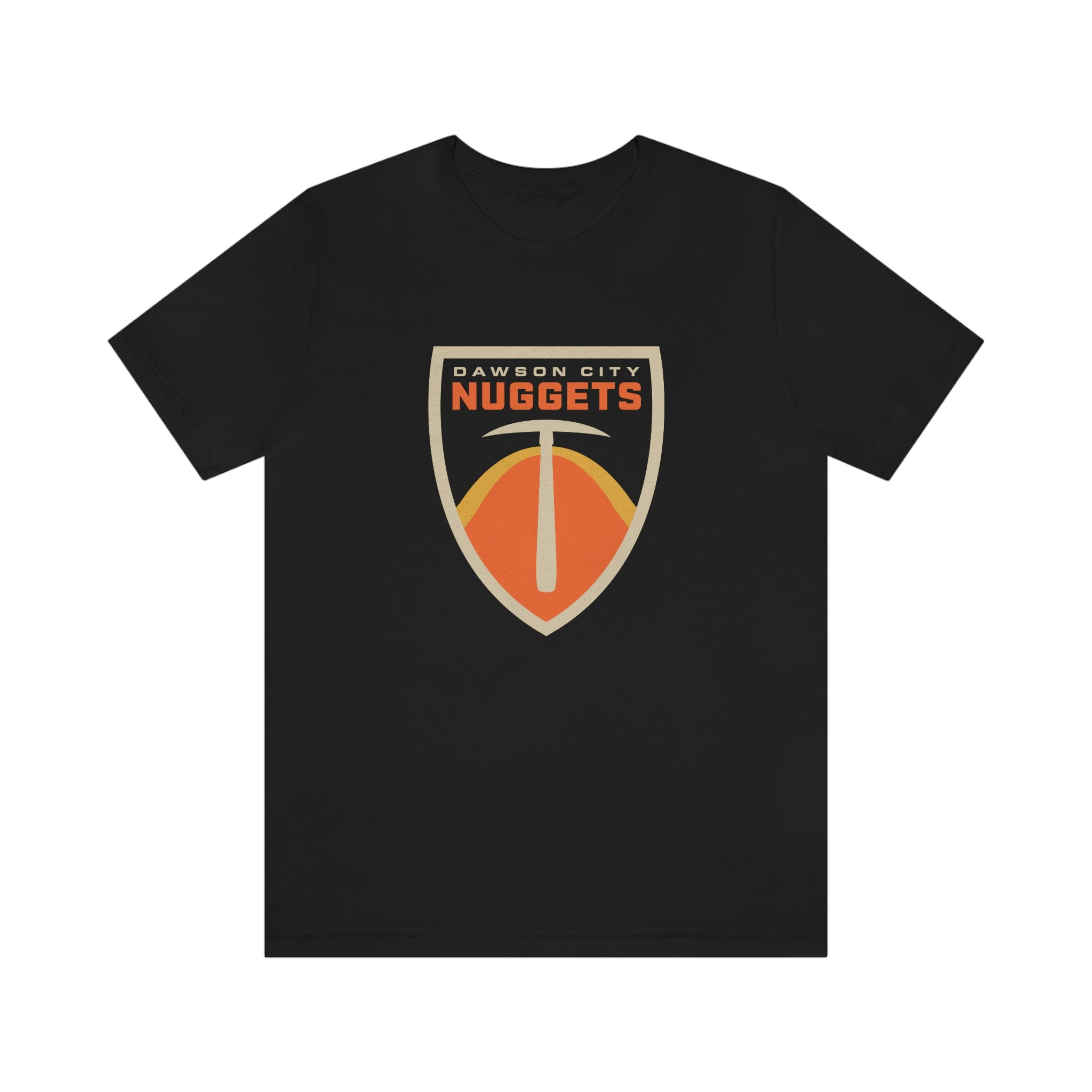 CLEARANCE Dawson City Nuggets T-Shirt (Premium Lightweight) in black with the shield with an orange gold nugget shape on the front