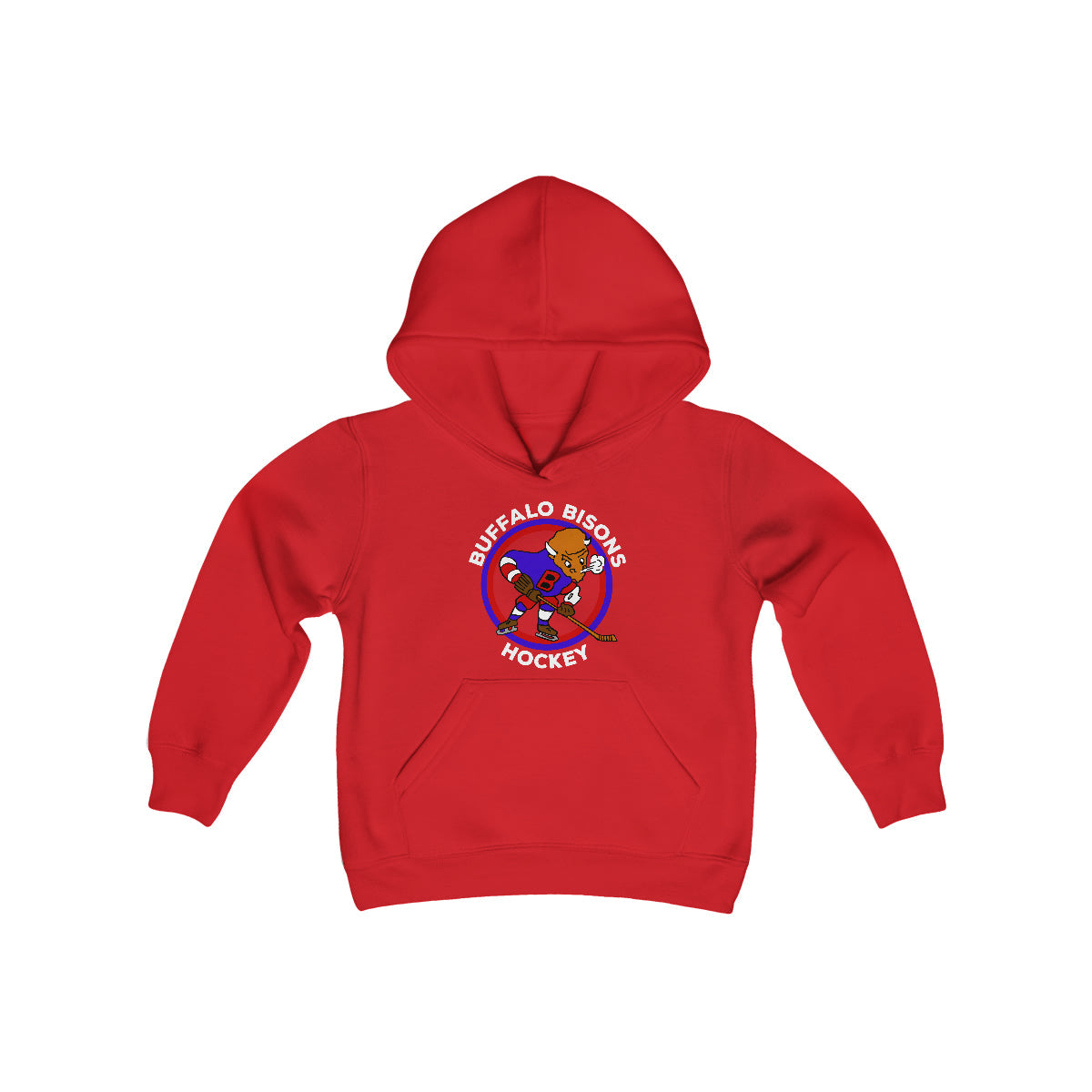CLEARANCE Buffalo Bisons Hoodie (Youth) in red with the bison skater in a round red and blue badge on the front