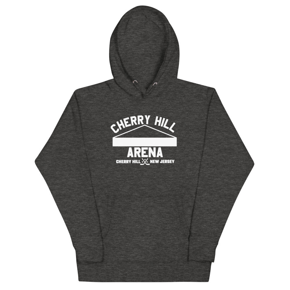 Cherry Hill Arena Hoodie (Premium) with the white arched lettering over an arena roofline on the front, view 2