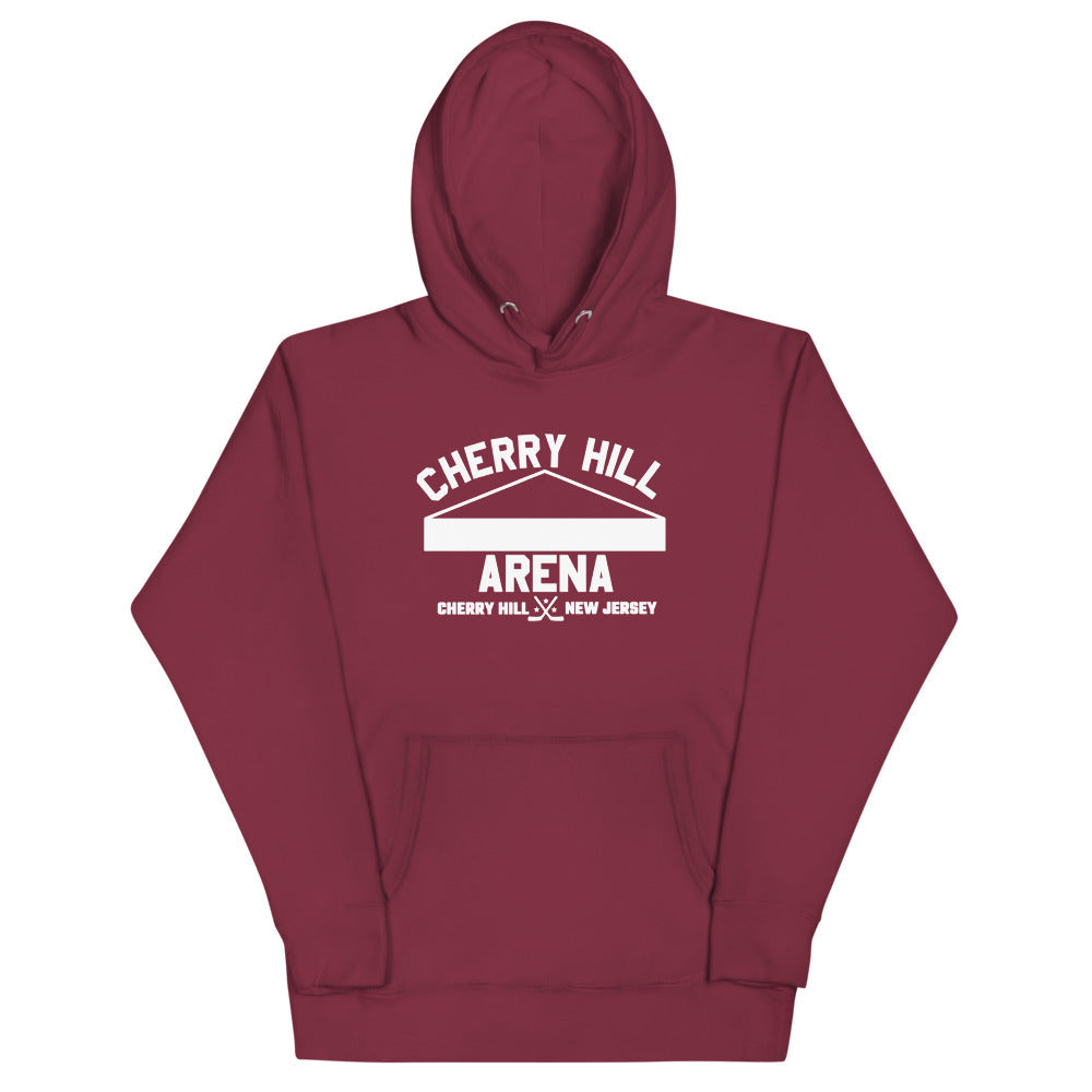 Cherry Hill Arena Hoodie (Premium) with the white arched lettering over an arena roofline on the front, view 4