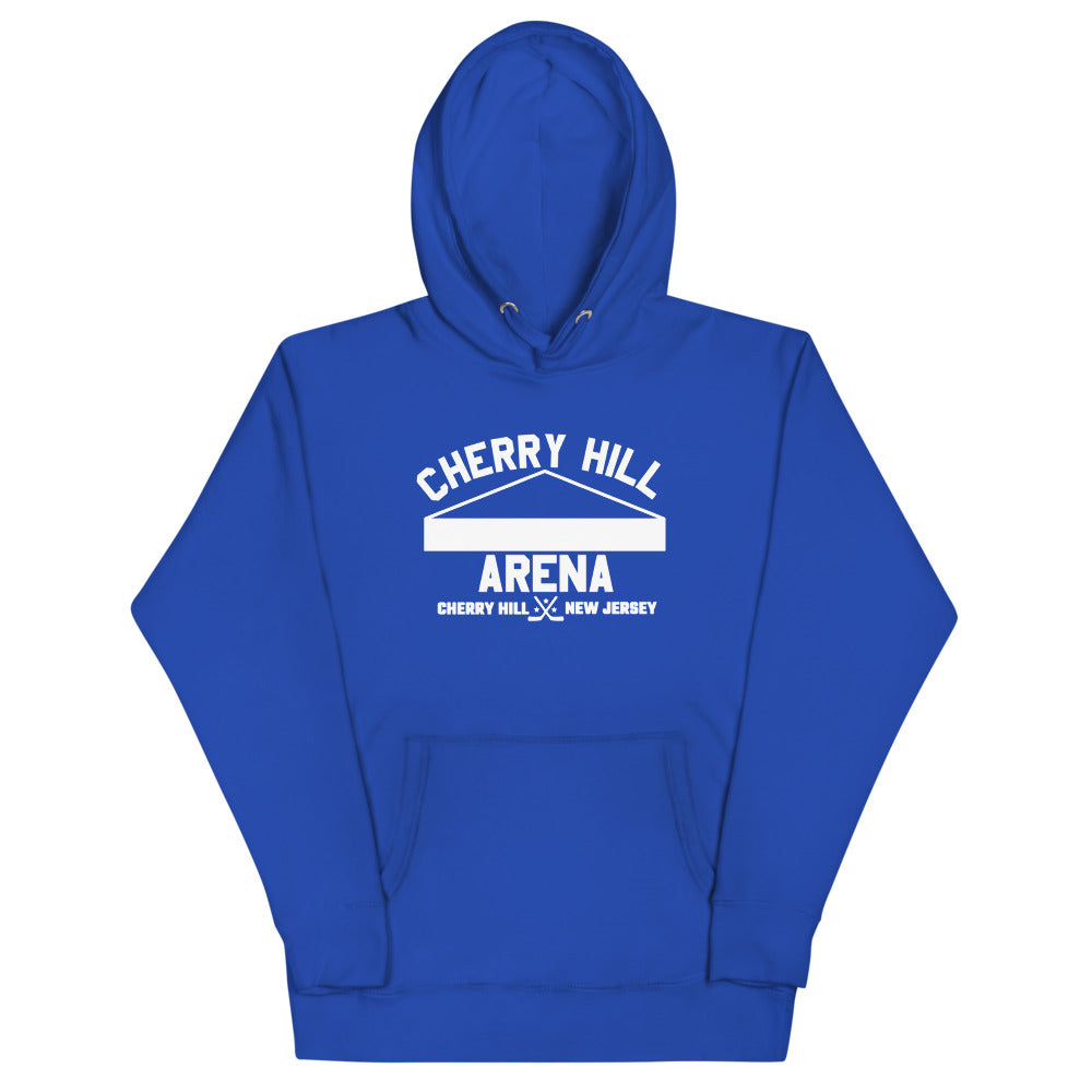 Cherry Hill Arena Hoodie (Premium) with the white arched lettering over an arena roofline on the front, view 3