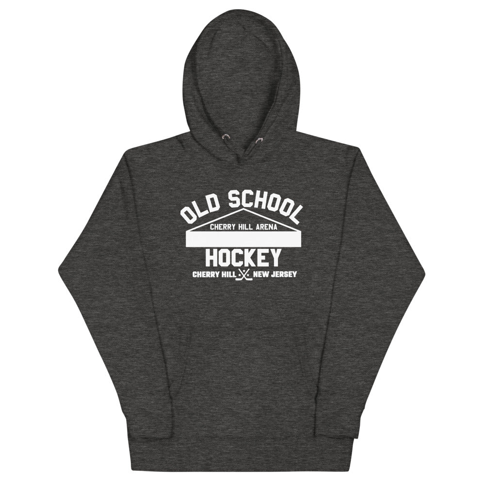 Cherry Hill Arena Old School Hockey Hoodie (Premium) with the white old school lettering with an arena roof on the front, view 2