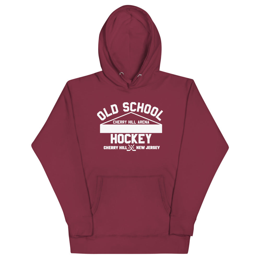 Cherry Hill Arena Old School Hockey Hoodie (Premium) with the white old school lettering with an arena roof on the front, view 4
