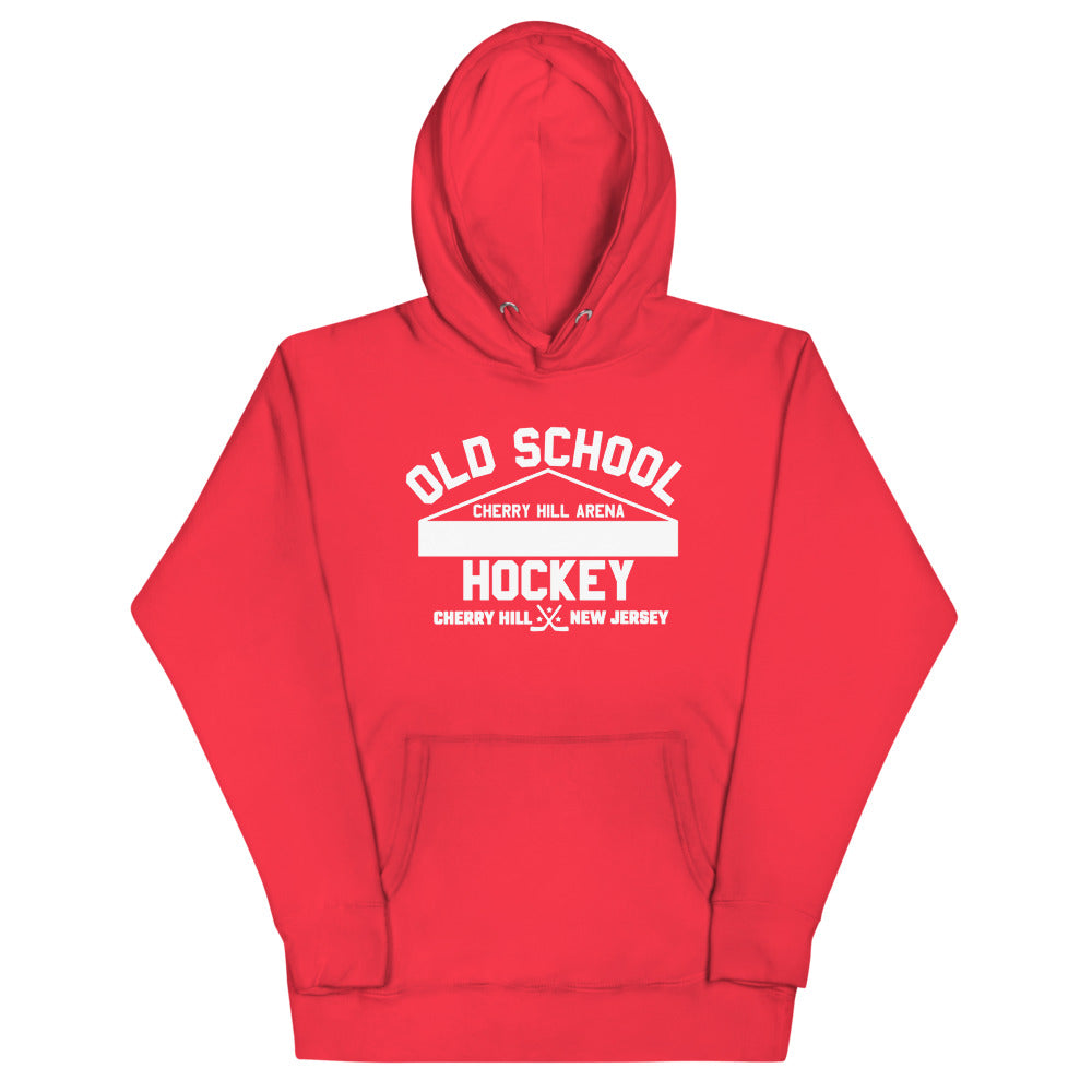 Cherry Hill Arena Old School Hockey Hoodie (Premium) with the white old school lettering with an arena roof on the front