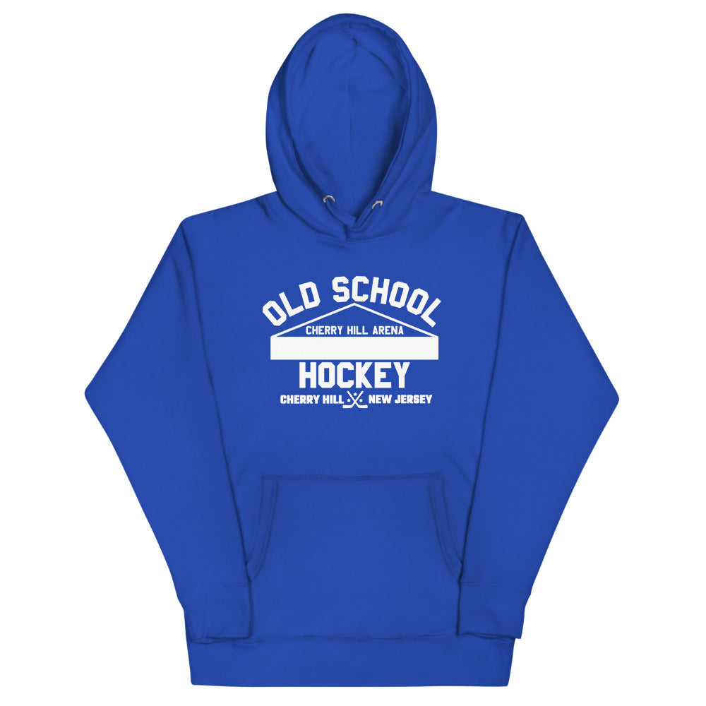 Cherry Hill Arena Old School Hockey Hoodie (Premium) with the white old school lettering with an arena roof on the front, view 3