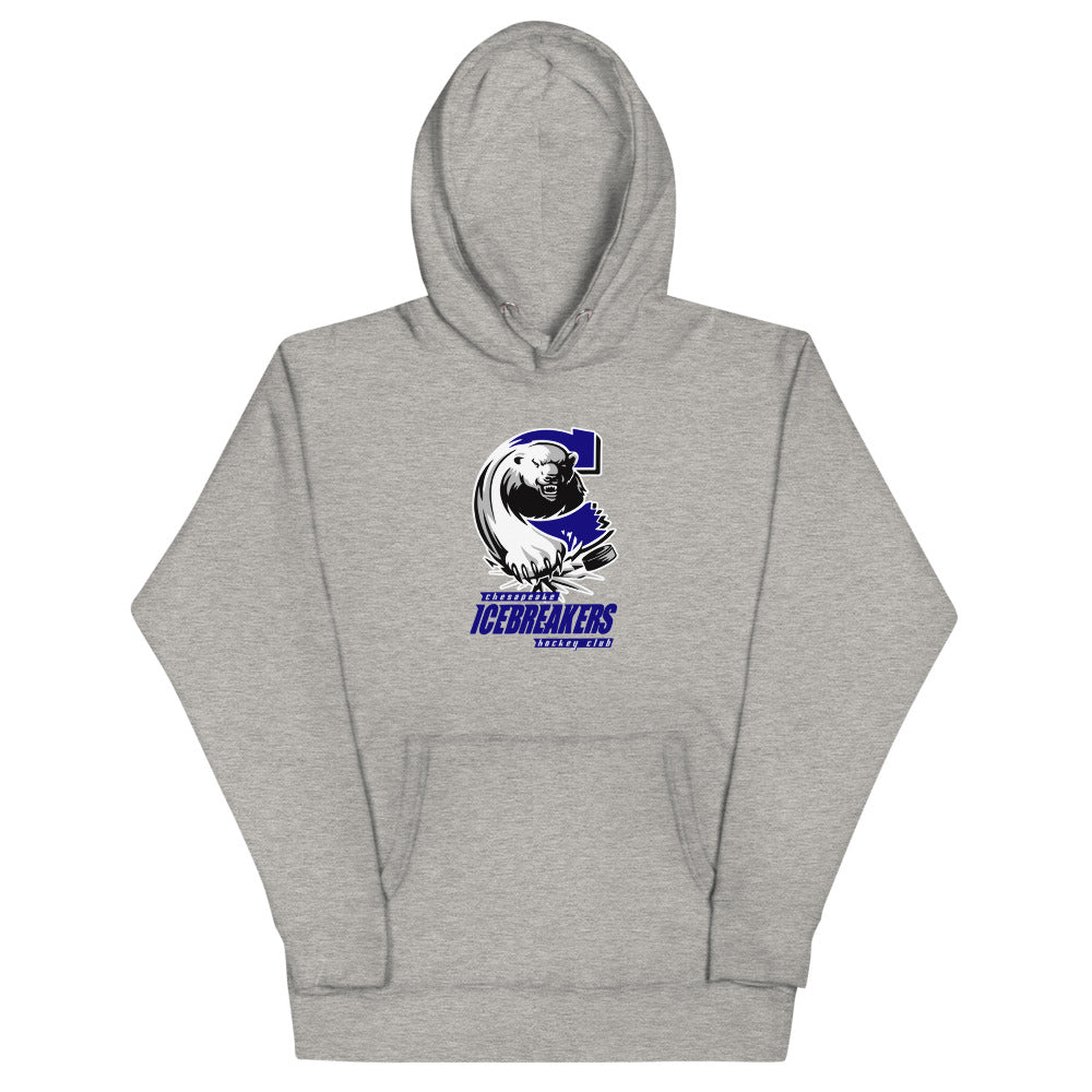 Chesapeake Icebreakers Hoodie (Premium) with the walrus in a blue C over italic lettering on the front