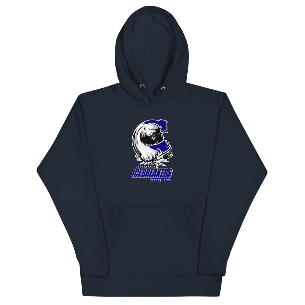 Chesapeake Icebreakers Hoodie (Premium) with the walrus in a blue C over italic lettering on the front, view 2