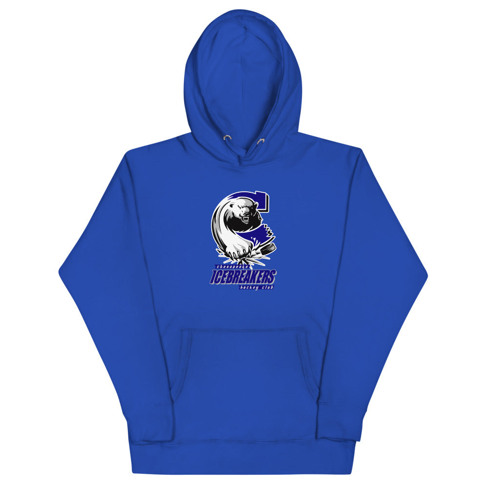 Chesapeake Icebreakers Hoodie (Premium) with the walrus in a blue C over italic lettering on the front, view 3