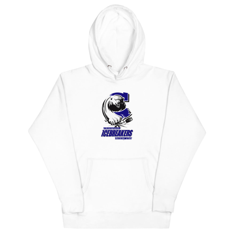 Chesapeake Icebreakers Hoodie (Premium) with the walrus in a blue C over italic lettering on the front, view 4