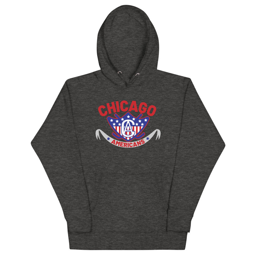 Chicago Americans Hoodie (Premium) with the red arched wordmark over a starred shield on the front, view 2