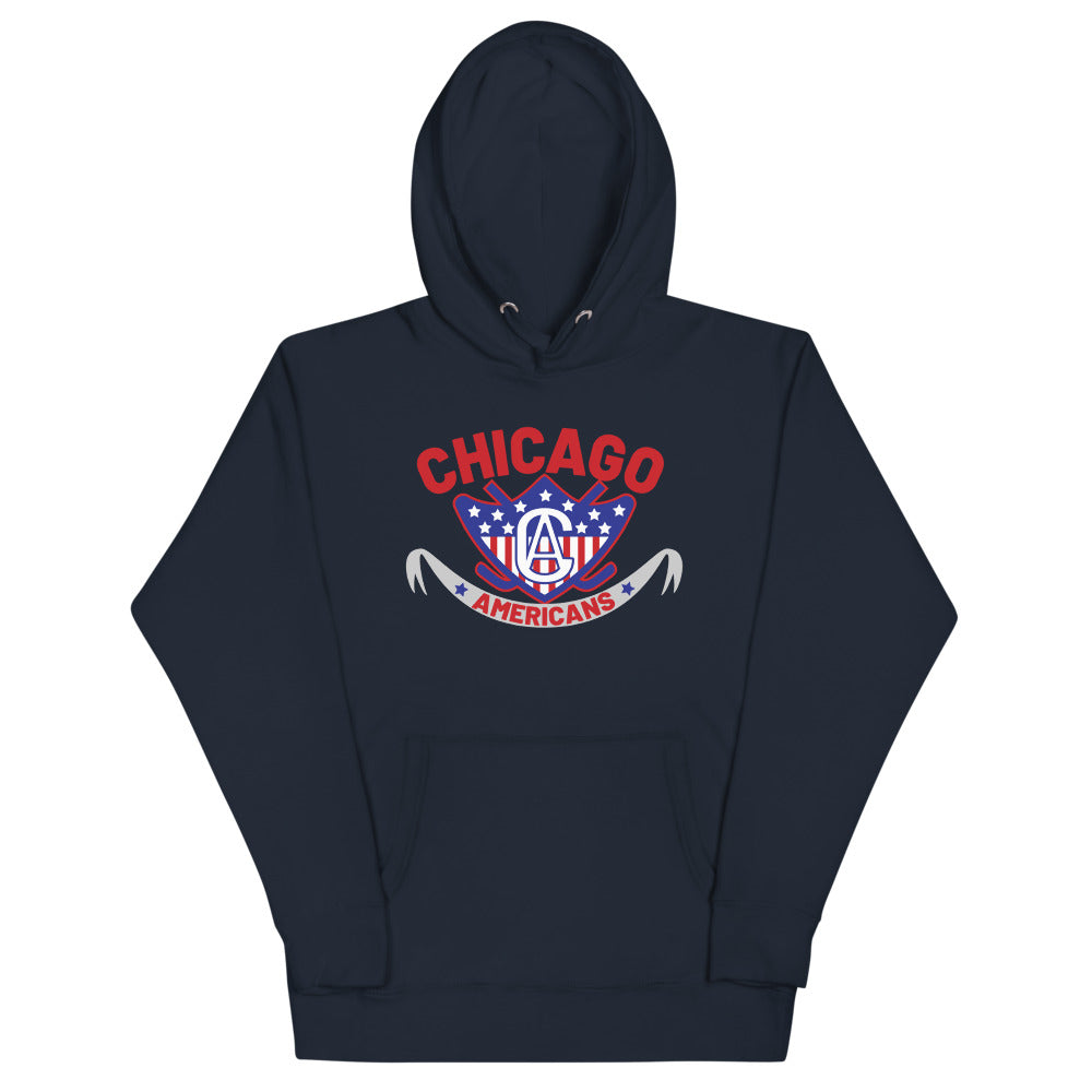 Chicago Americans Hoodie (Premium) with the red arched wordmark over a starred shield on the front