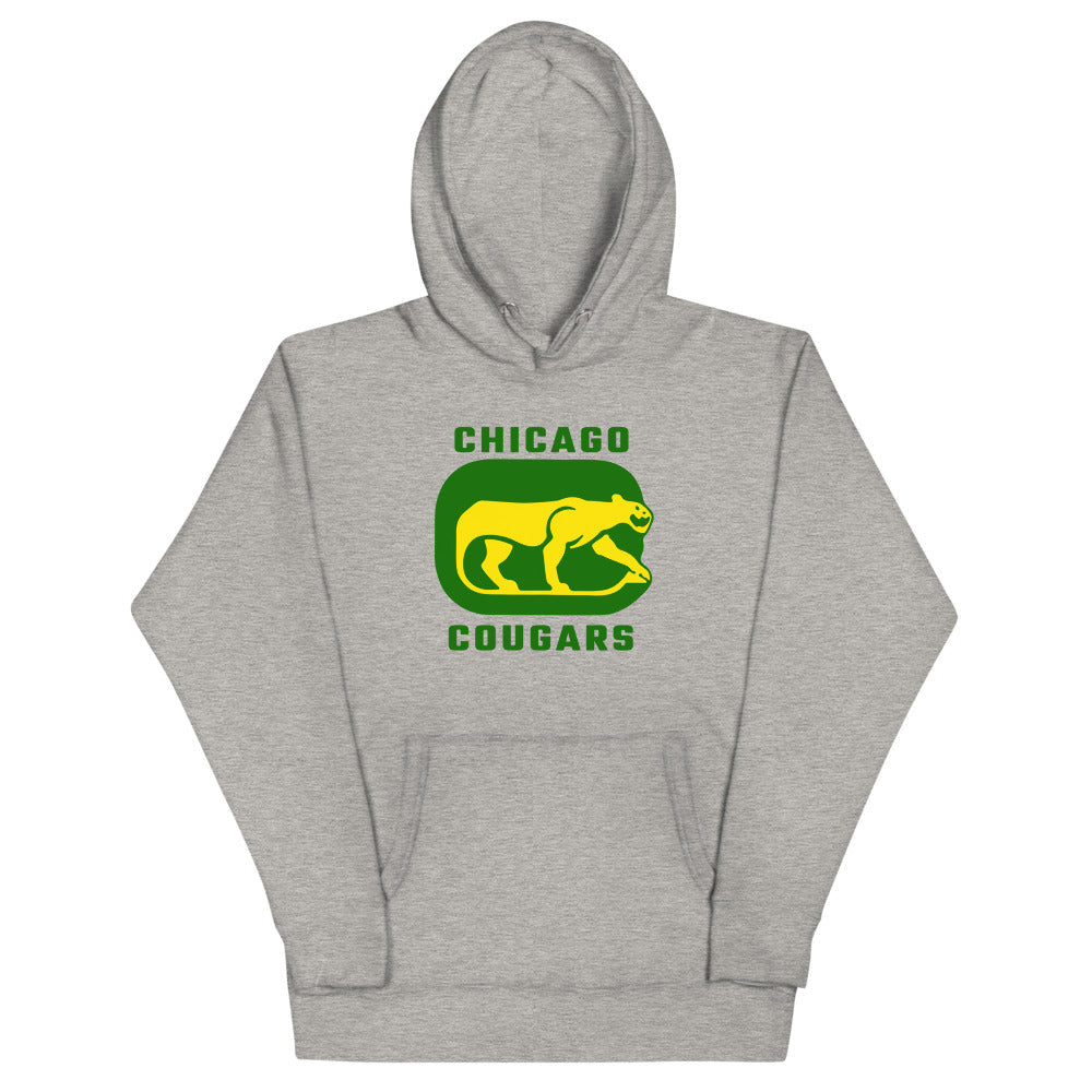 Chicago Cougars Hoodie (Premium) with the yellow cougar on a green rounded square on the front