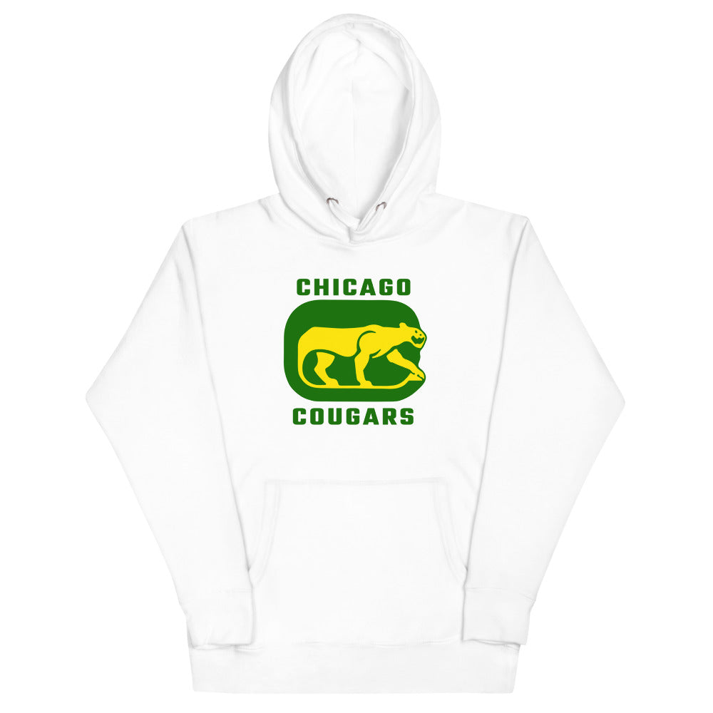 Chicago Cougars Hoodie (Premium) with the yellow cougar on a green rounded square on the front, view 2
