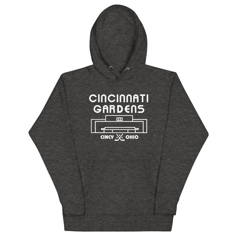 Cincinnati Gardens Hoodie (Premium) with the white lettering over an arena outline on the front, view 2