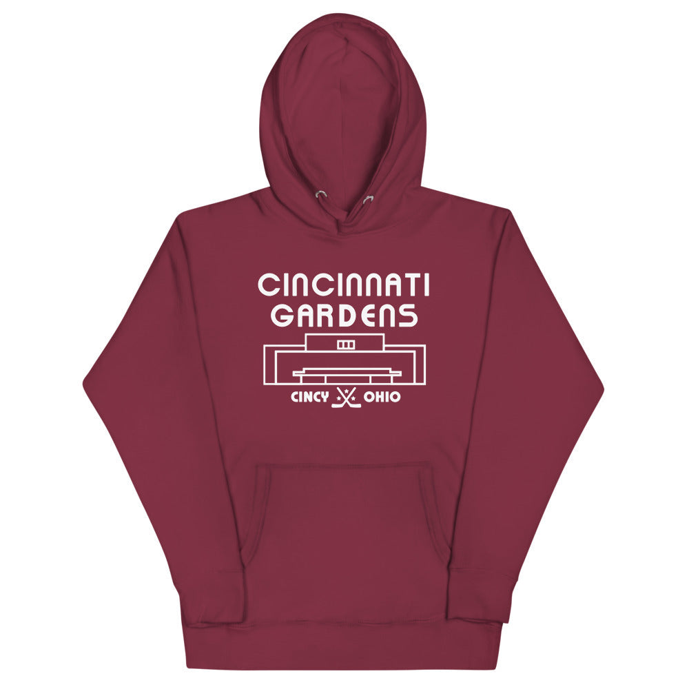 Cincinnati Gardens Hoodie (Premium) with the white lettering over an arena outline on the front, view 5