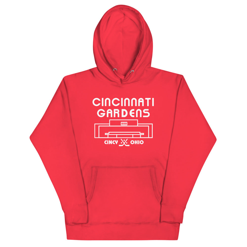 Cincinnati Gardens Hoodie (Premium) with the white lettering over an arena outline on the front