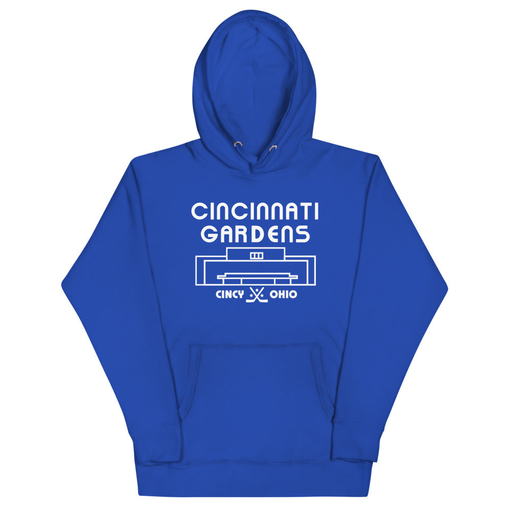 Cincinnati Gardens Hoodie (Premium) with the white lettering over an arena outline on the front, view 4