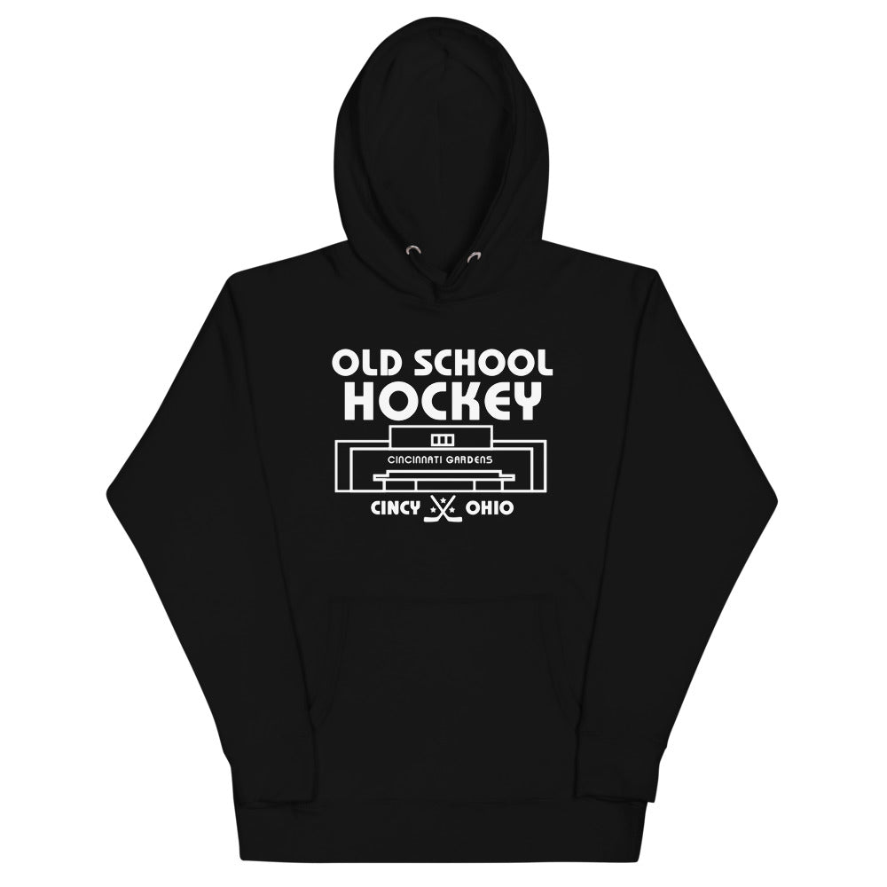 Cincinnati Gardens Old School Hockey Hoodie (Premium) with the white old school lettering over an arena outline on the front, view 5
