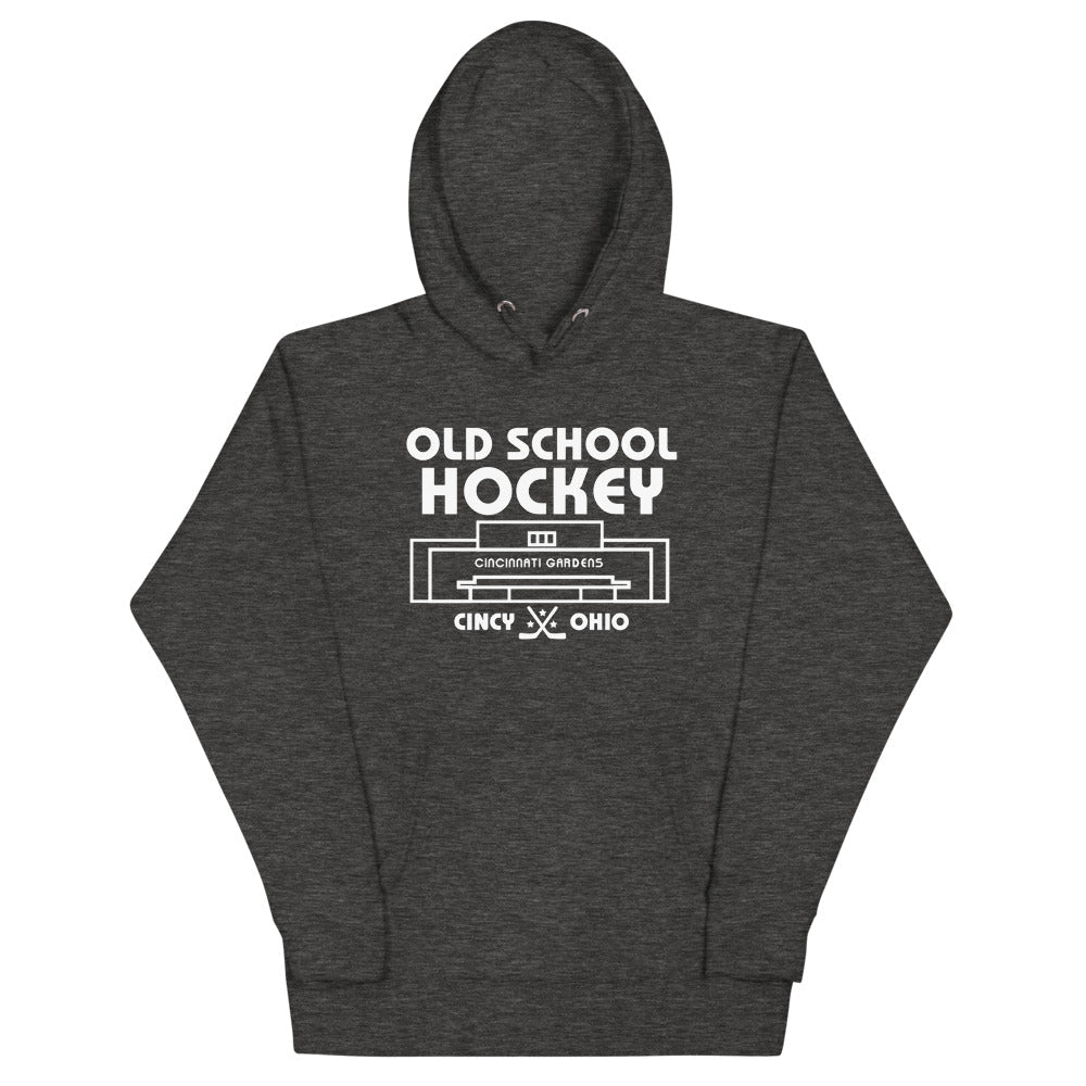 Cincinnati Gardens Old School Hockey Hoodie (Premium) with the white old school lettering over an arena outline on the front, view 2