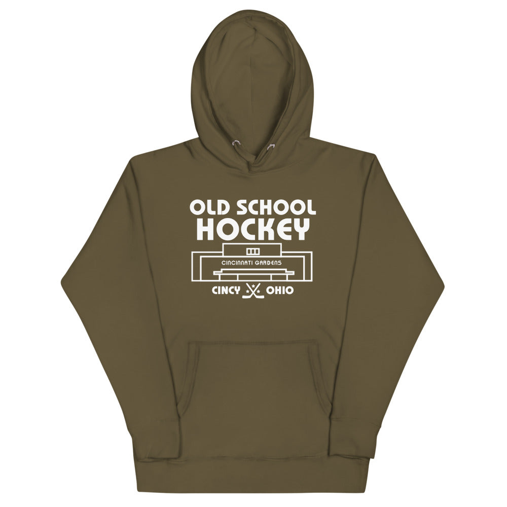 Cincinnati Gardens Old School Hockey Hoodie (Premium) with the white old school lettering over an arena outline on the front, view 3