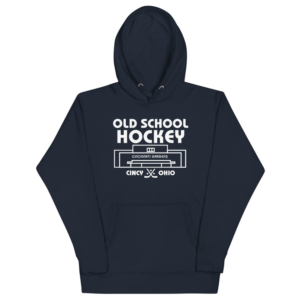 Cincinnati Gardens Old School Hockey Hoodie (Premium) with the white old school lettering over an arena outline on the front