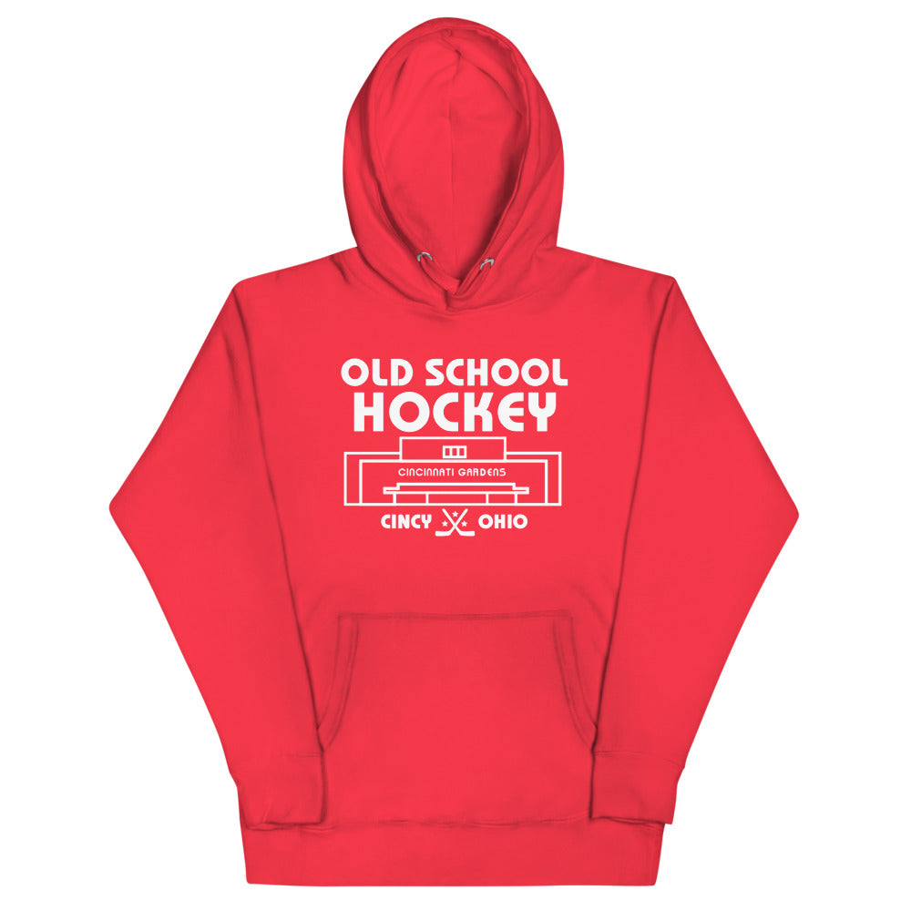 Cincinnati Gardens Old School Hockey Hoodie (Premium) with the white old school lettering over an arena outline on the front, view 6