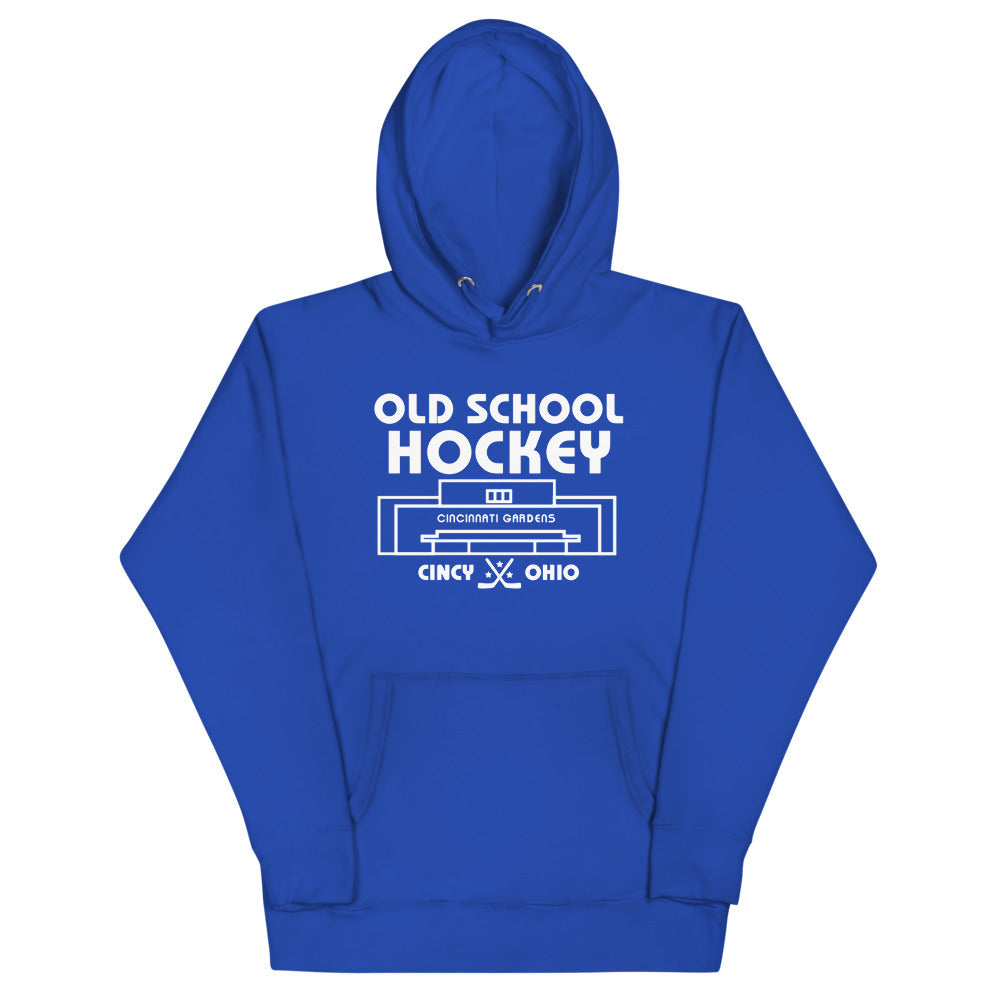 Cincinnati Gardens Old School Hockey Hoodie (Premium) with the white old school lettering over an arena outline on the front, view 4