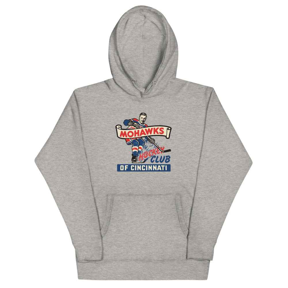Cincinnati Mohawks Hoodie (Premium) with the vintage skater over red banner lettering on the front, view 2