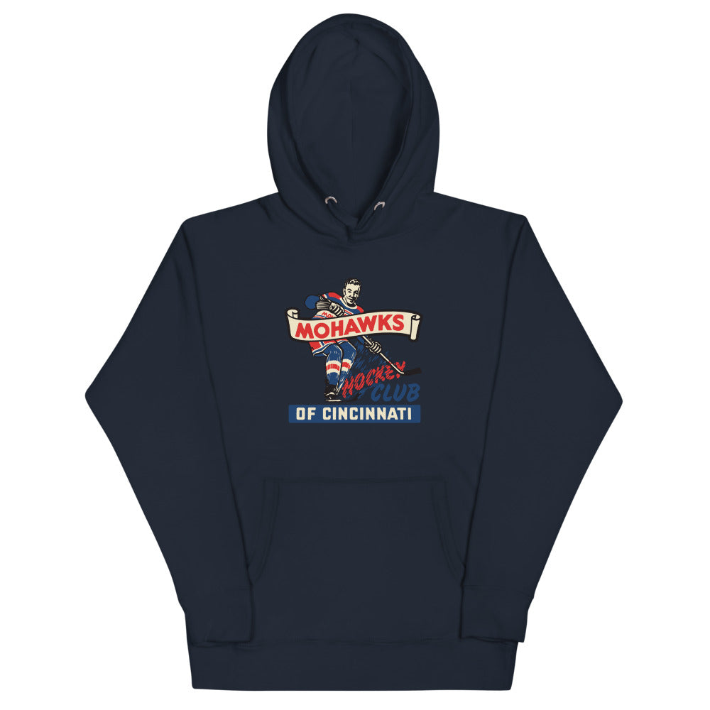 Cincinnati Mohawks Hoodie (Premium) with the vintage skater over red banner lettering on the front