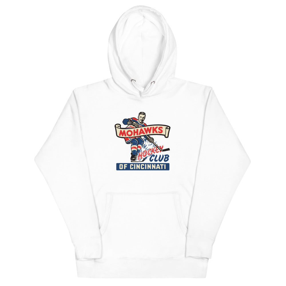 Cincinnati Mohawks Hoodie (Premium) with the vintage skater over red banner lettering on the front, view 3